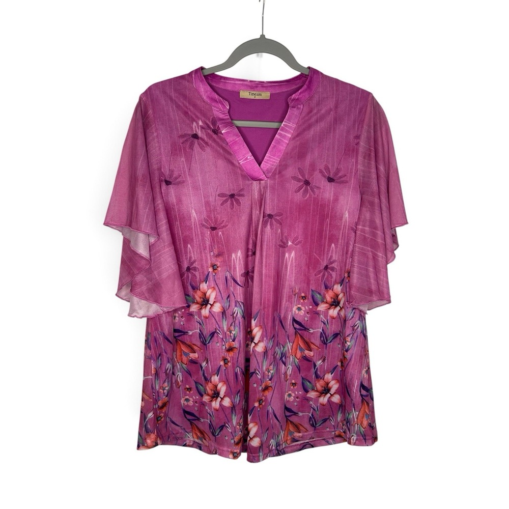 Timeson Women's M Pink Floral Mesh Double Layer Flutter Sleeve Tunic Blouse